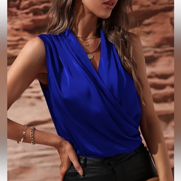 Luxe Satin Classic Ruched Overlap Sleeveless Office Work Top Blouse Shirt GREEN - Picture 7 of 16